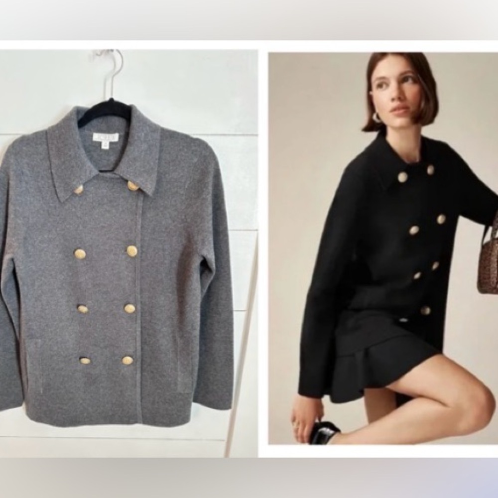 J CREW XS Warwick Grey double breasted gold button oversized cotton-wool sweater